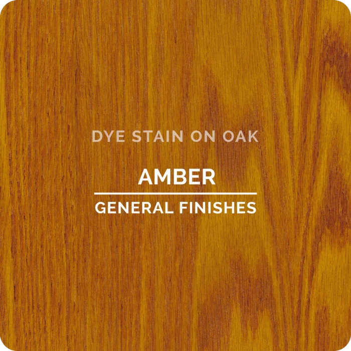 Amber dye stain sample on oak wood showing grain pattern and finish color.