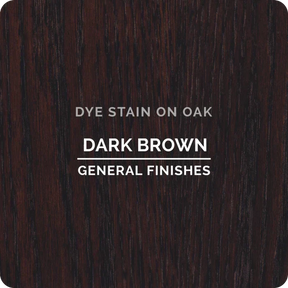 Dark brown dye stain on oak wood sample with visible grain pattern.