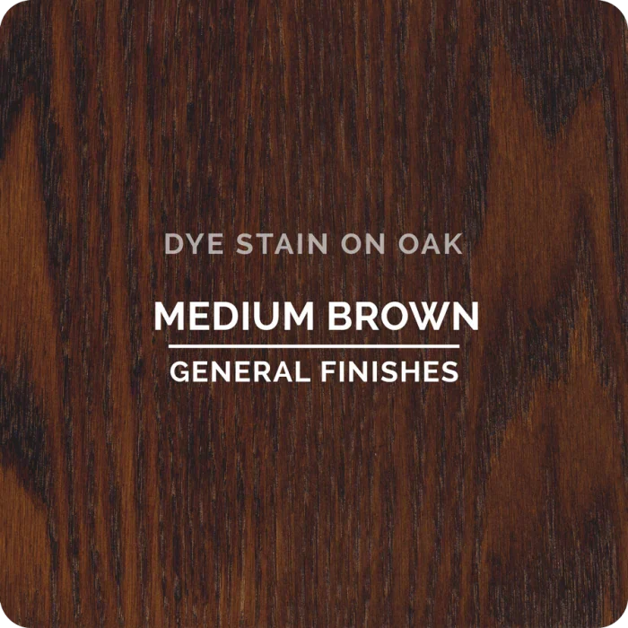 Medium brown dye stain on oak wood sample for woodworking finishing projects.