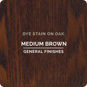 Medium brown dye stain on oak wood sample for woodworking finishing projects.