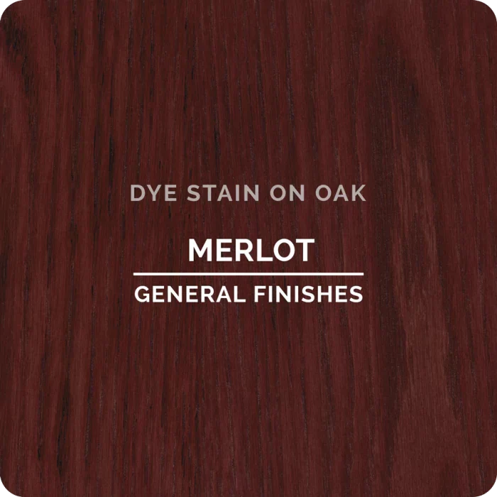 Merlot dye stain sample on oak wood with visible grain texture, labeled General Finishes
