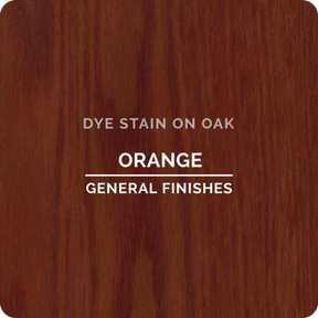Orange dye stain on oak wood sample, General Finishes, clear grain texture shown
