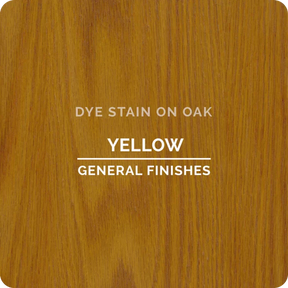 Yellow dye stain on oak wood sample with natural grain pattern, labeled General Finishes.