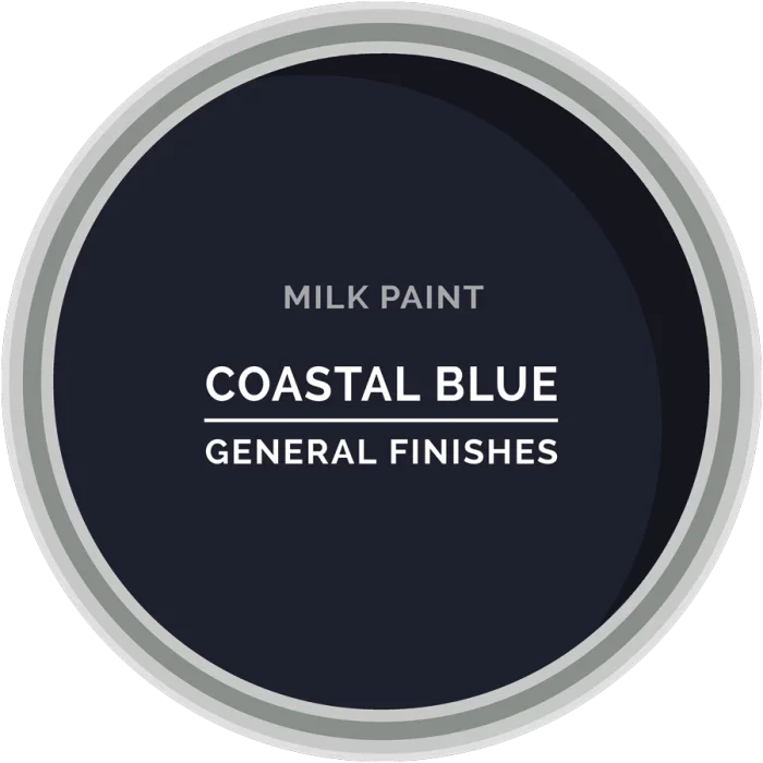 Milk paint can lid in coastal blue color by General Finishes, woodworking supply.