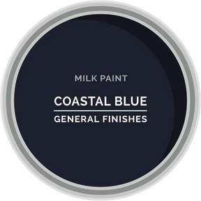 Milk paint can lid in coastal blue color by General Finishes, woodworking supply.