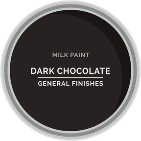 General Finishes Dark Chocolate milk paint can lid with color sample for woodworking projects