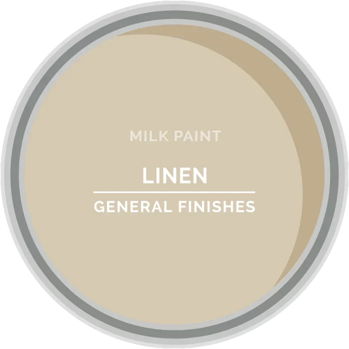 Open paint can showing beige linen milk paint color by General Finishes, viewed from above.