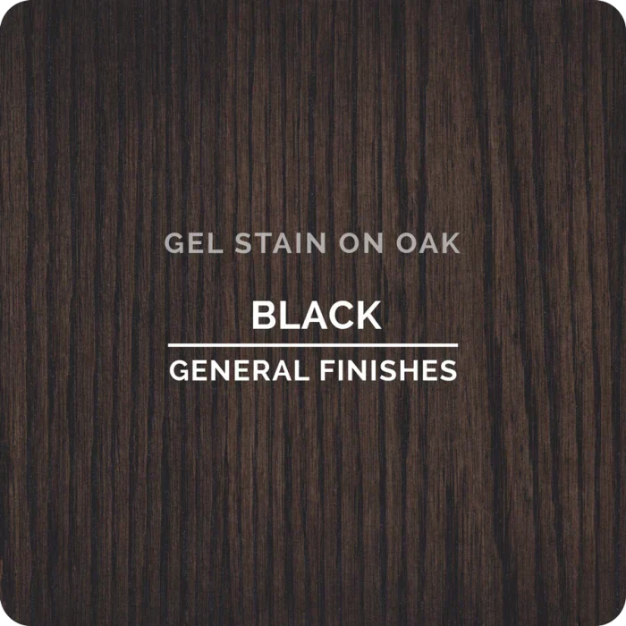 Black gel stain finish on oak wood sample, showing dark wood grain texture.