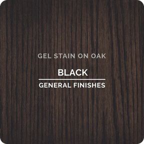 Black gel stain finish on oak wood sample, showing dark wood grain texture.
