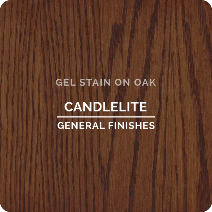 Candlelite gel stain on oak wood sample with visible grain pattern, woodworking finish