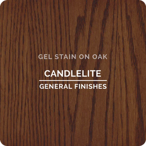 Candlelite gel stain on oak wood sample with visible grain pattern, woodworking finish