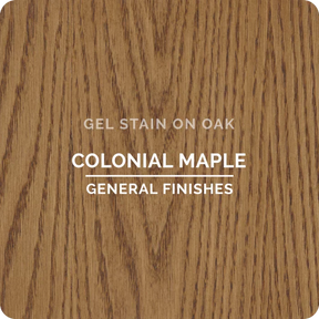 Colonial Maple gel stain sample on oak wood, natural wood grain finish