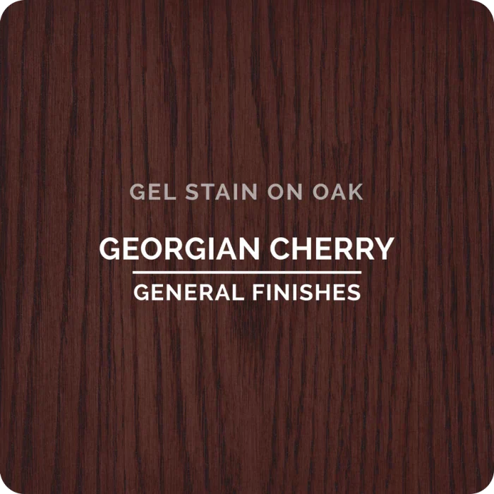 Georgian Cherry gel stain sample on oak wood with visible grain pattern.