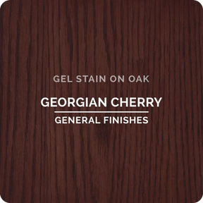 Georgian Cherry gel stain sample on oak wood with visible grain pattern.