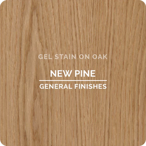Oak wood sample with New Pine gel stain by General Finishes, light natural wood grain.