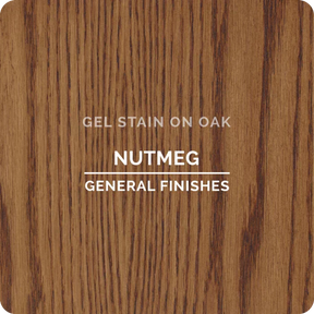 Nutmeg gel stain sample on oak wood with visible grain, perfect for woodworking finishes.