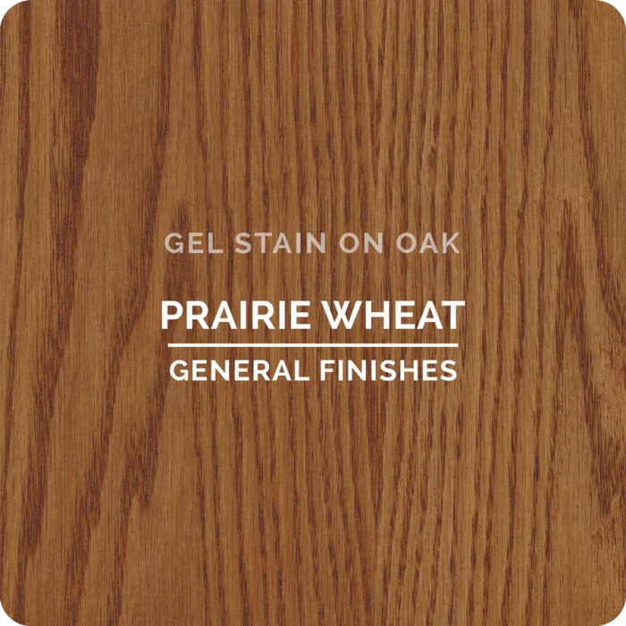 Prairie Wheat gel stain sample on oak wood, showing light brown finish and wood grain.