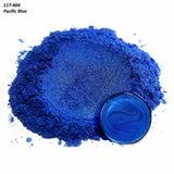 Pacific Blue mica pigment powder pile with resin sample, bright blue color for woodworking projects
