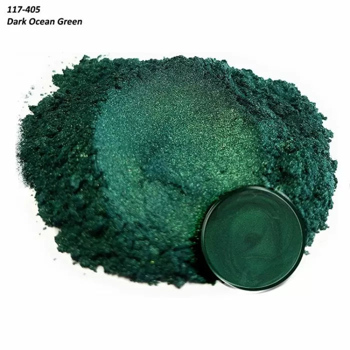 Dark ocean green pigment powder with matching resin color sample
