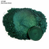 Dark ocean green pigment powder with matching resin color sample