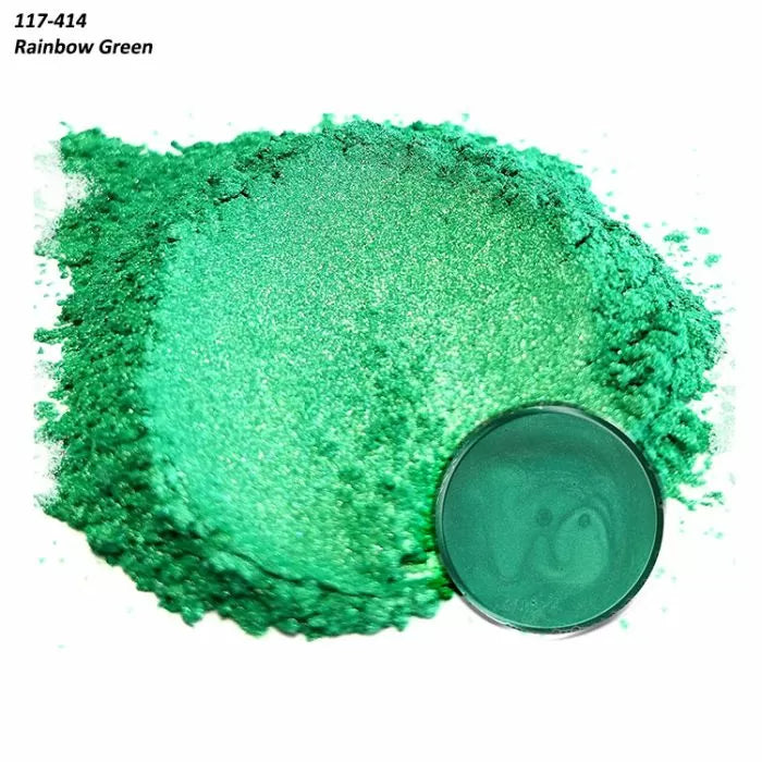Shimmery rainbow green mica powder pigment loose and pressed, ideal for woodworking crafts.