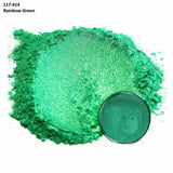 Shimmery rainbow green mica powder pigment loose and pressed, ideal for woodworking crafts.
