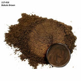 Pile of Bokuto Brown wood finishing powder with sample in metal tin on white background