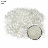 Clear icicle glitter flakes for woodworking, crafts, or finishing projects, close-up view.