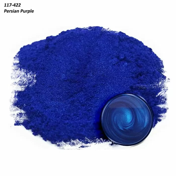 Deep blue Persian Purple mica powder pigment with mixed sample in small round dish