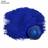 Deep blue Persian Purple mica powder pigment with mixed sample in small round dish