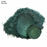 Shimmery green mica powder pigment and sample pan for woodworking finishes