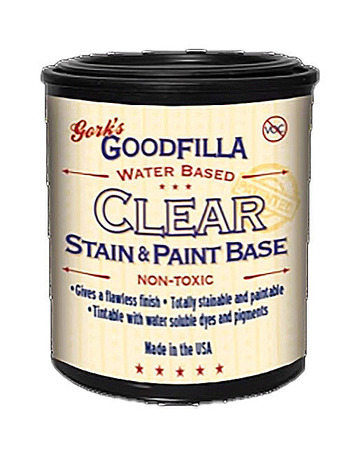 Goodfilla clear water based stain and paint base can for woodworking, non-toxic, pint size.