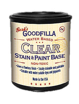 Goodfilla clear water based stain and paint base can for woodworking, non-toxic, pint size.