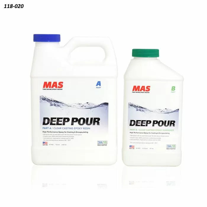MAS Deep Pour clear casting epoxy resin and hardener kit, two containers on white background