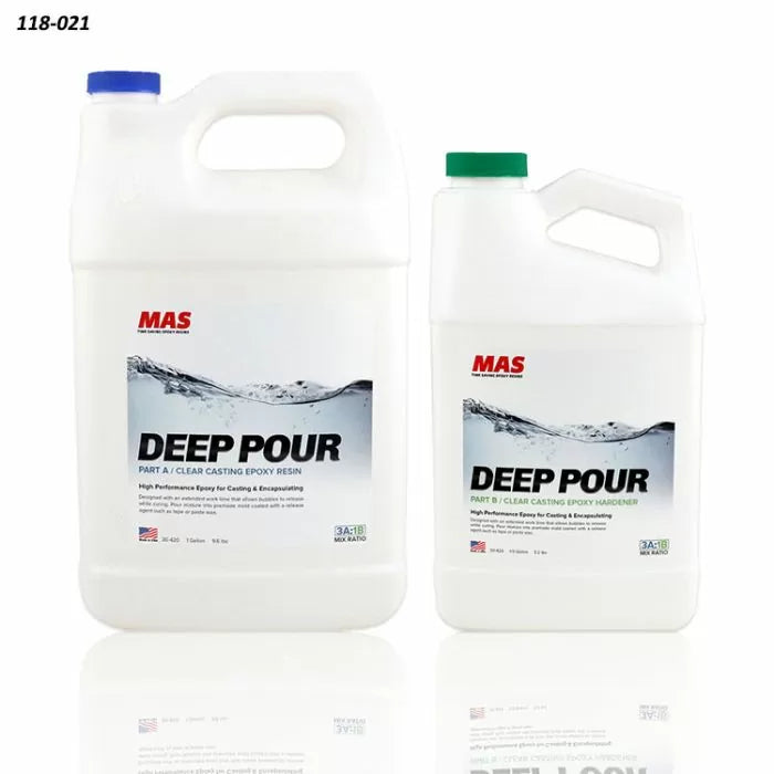 Two containers of MAS Deep Pour clear casting epoxy resin and hardener for woodworking projects
