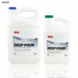 Two containers of MAS Deep Pour clear casting epoxy resin and hardener for woodworking projects