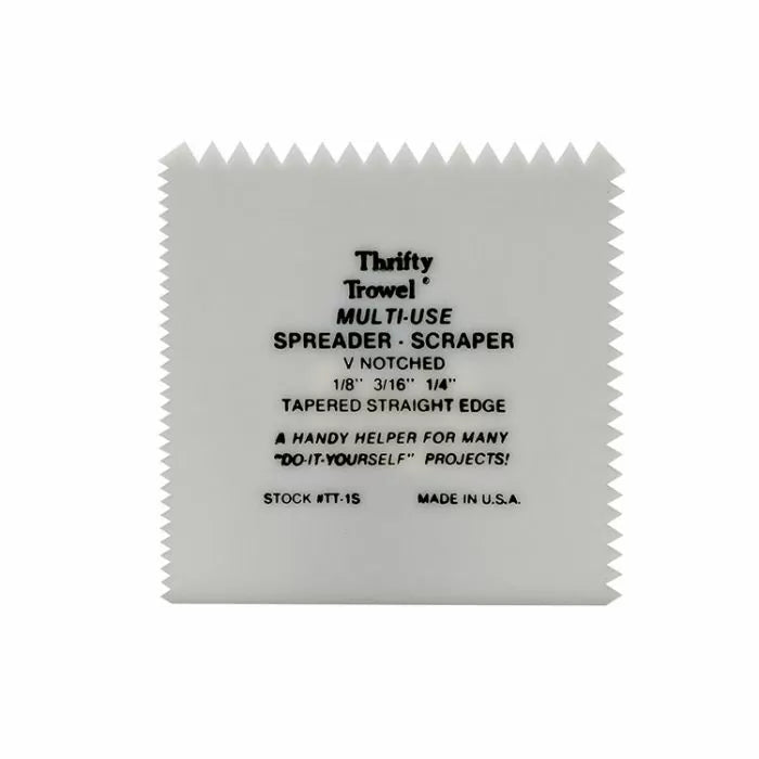 V-notched multi-use plastic spreader and scraper with serrated edges for woodworking projects