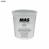Clear MAS epoxy mixing cup with printed mix ratios and measurement markings