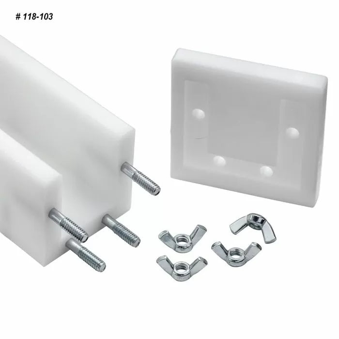 Router table fence blocks with threaded rods and wing nuts for woodworking