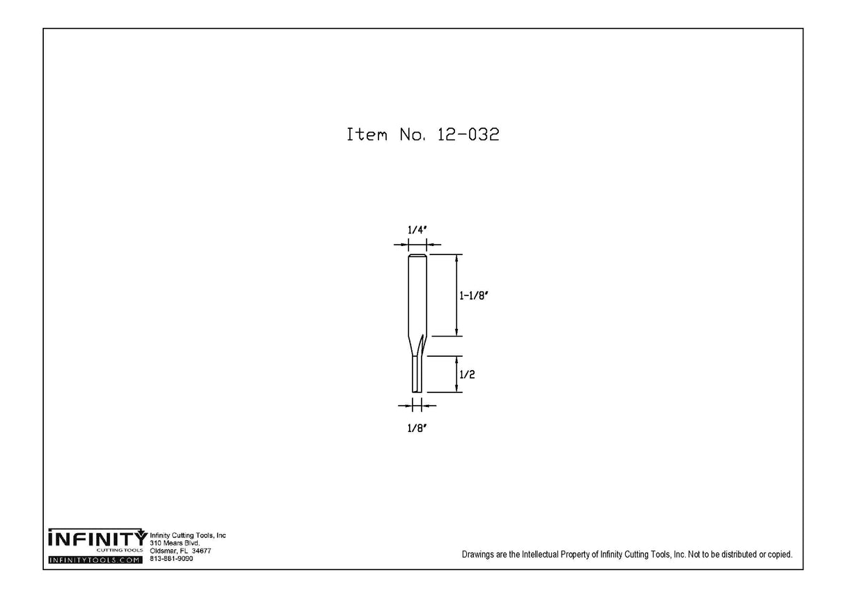 Technical drawing of 1/8 inch straight router bit, item 12-032, with labeled dimensions
