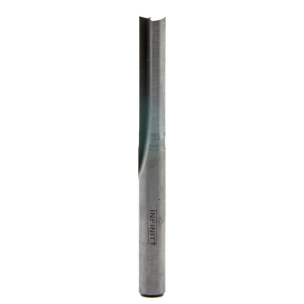 Straight flute router bit with sharp carbide cutting edge for woodworking.