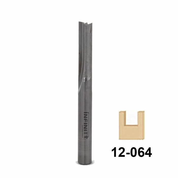 Straight router bit for woodworking with a sample dado cut and model number 12-064.