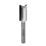 Straight router bit for woodworking with sharp carbide cutting edge on white background