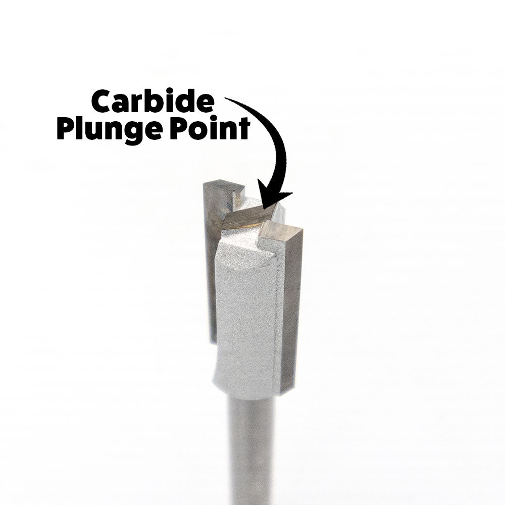 Close-up of carbide plunge point router bit for woodworking on white background