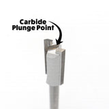 Close-up of carbide plunge point router bit for woodworking on white background