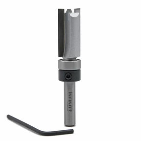 Carbide router bit with bearing and hex key for woodworking on white background