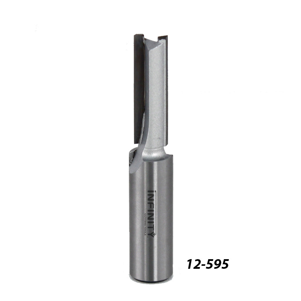 Carbide tipped straight router bit for woodworking, model 12-595, on white background.