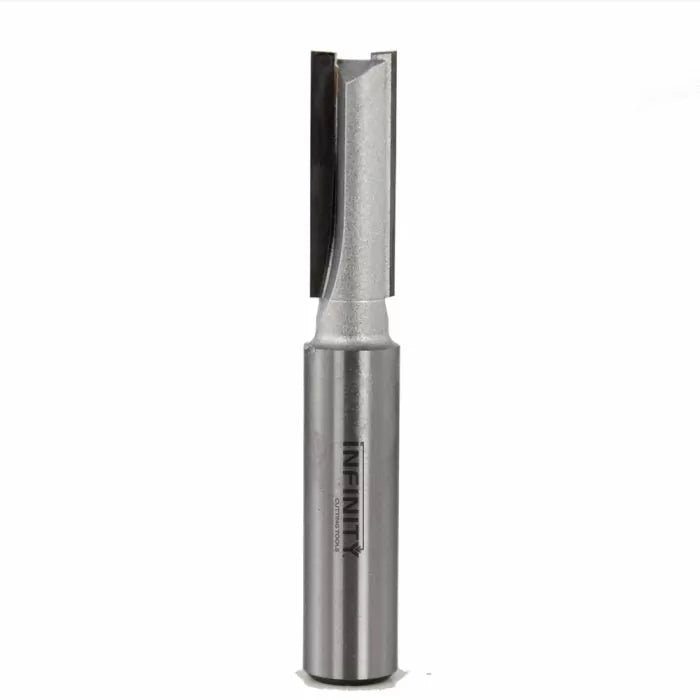 Straight router bit for woodworking with precision carbide cutting edge on white background