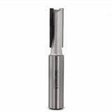 Straight router bit for woodworking with precision carbide cutting edge on white background