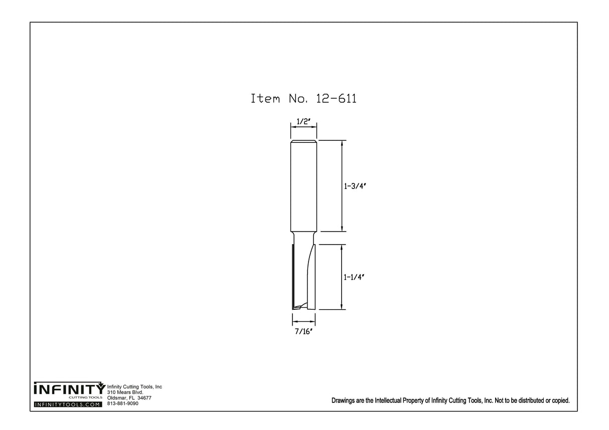 Technical drawing of straight router bit, item 12-611, with 1/2 inch shank, 7/16 inch cut width.